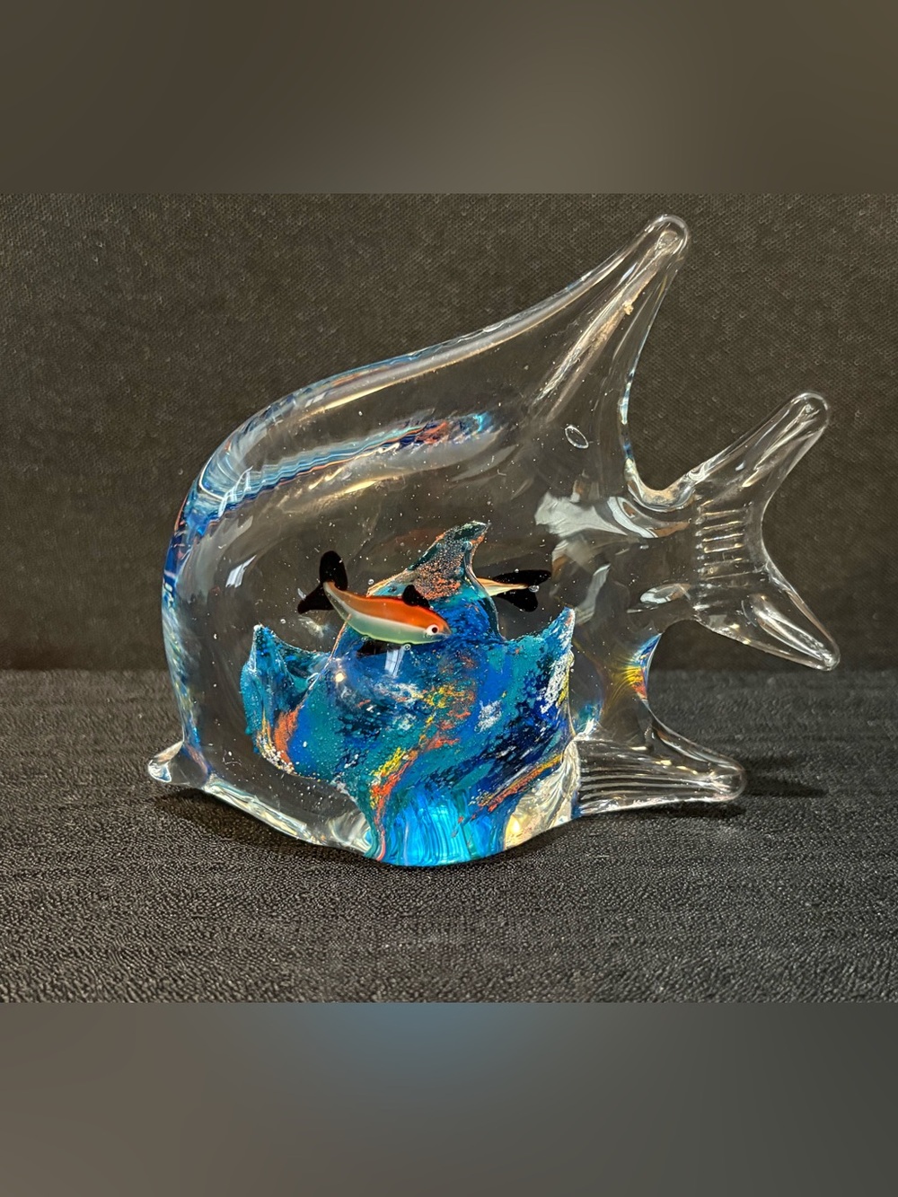 Hand Blown Art Glass Angel Fish Sculpture w/ small fish inside paperweight